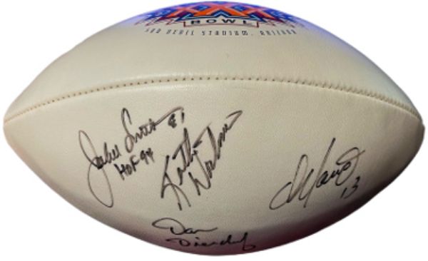 CTBL-033425 Dan Marino, Dan Dierdorf, Jackie Smith & Keith Wortman Signed Wilson NFL SB XXX Logo 4-Sigs- Beckett Review Football