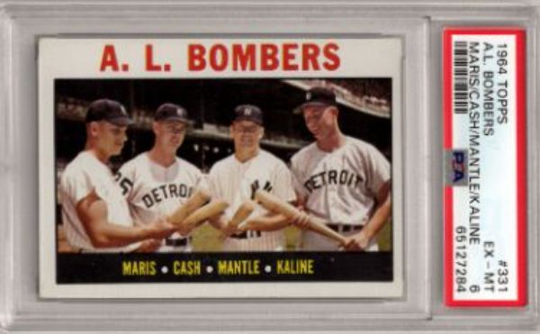 CTBL-034453 1964 Topps AL Bombers No. 331- Roger Maris, Mickey Mantle & Al Kaline & Norm Cash- PSA Graded 6 EX-MT Baseball Card -  RDB Holdings & Consulting, CTBL_034453