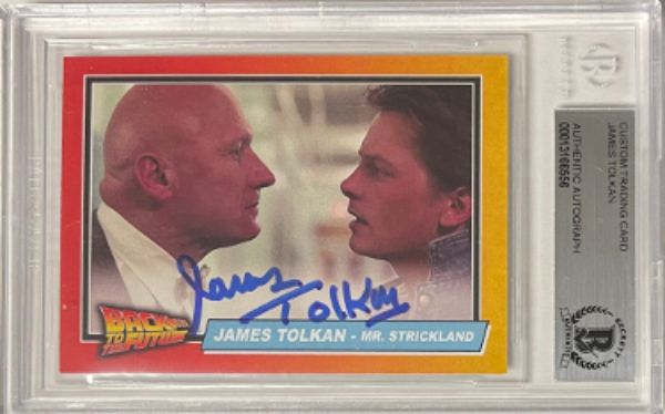 CTBL-033288 James Tolkan Signed Back to The Future Mr. Stickland Custom- BAS & Beckett Encapsulated with Michael J. Fox Autographed Trading Card