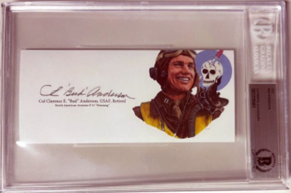 Picture of RDB Holdings & Consulting CTBL-033323 3 x 6.5 in. Col CE Bud Anderson Signed with Image BAS & Beckett Encapsulated WWII USAF Triple Ace Pilot P-51 Mustang Cut Signature