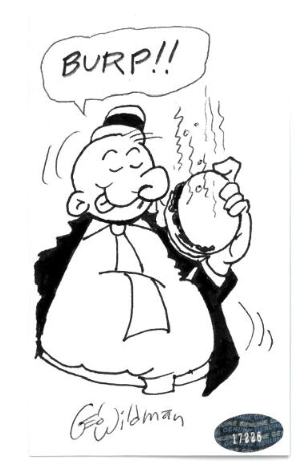 CTBL-033978 3 x 5 in. George Wildman Signed with Wimpy Original Sketch- Pristine Auction LOA Autographed Index Card