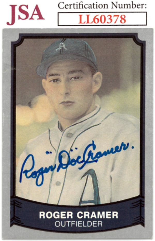 CTBL-031303 Roger Doc Cramer Signed 1989 Pacific Legends Card No. 181- JSA No. LL60378 On Card Auto & Philadelphia Athletics Baseball