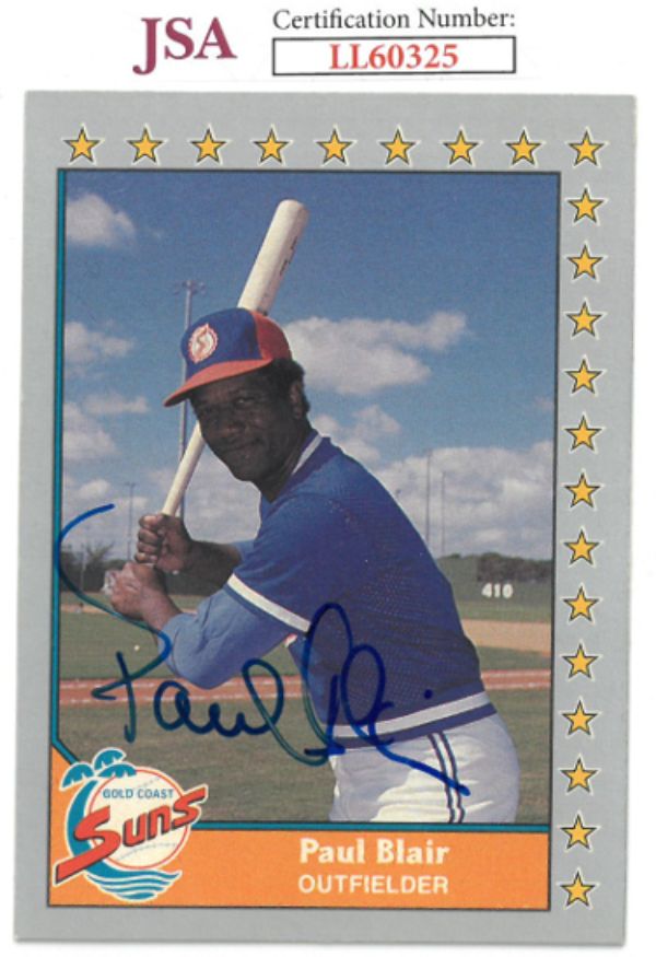 Picture of RDB Holdings & Consulting CTBL-031337 Paul Blair Signed 1990 Pacific No. 76- JSA No. LL60325 On Card Auto & Gold Coast Suns Baseball Card