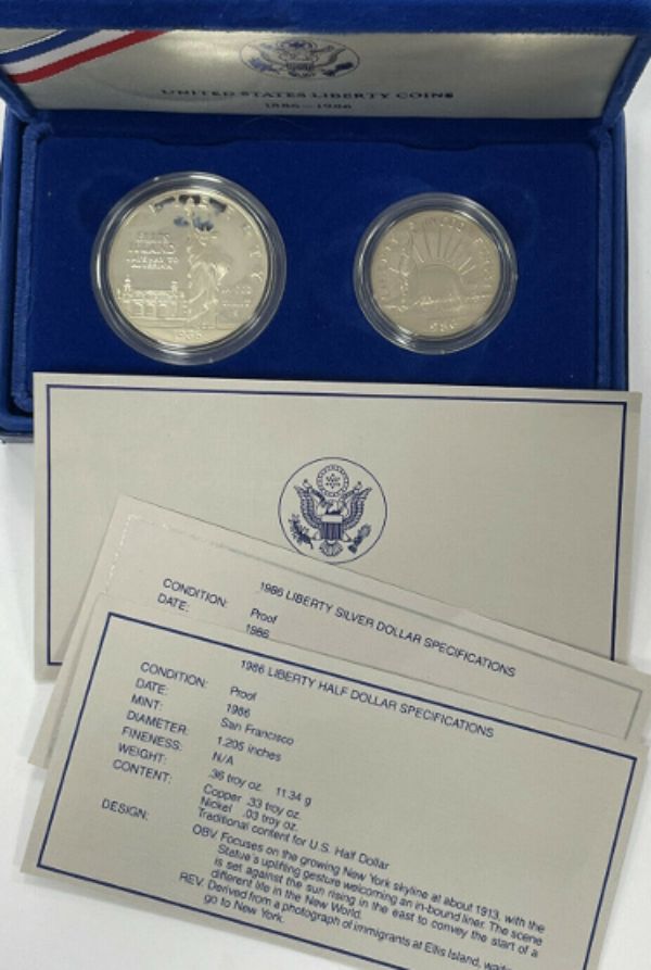 Picture of RDB Holdings & Consulting CTBL-033162 1986 Proof Statue of Liberty 2-Coin Silver Dollar & Clad Half US Mint Set Uncirculated Proof Box & COA Coins