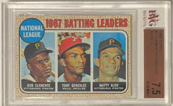 Picture of RDB Holdings & Consulting CTBL-033014 Roberto Clemente 1968 Topps 1967 Batting Leaders No. 1- BVG Graded 7.5 Near Mint Plus with Sub Grades&#44; Tony Gonzalez & Matty Alou Baseball Card
