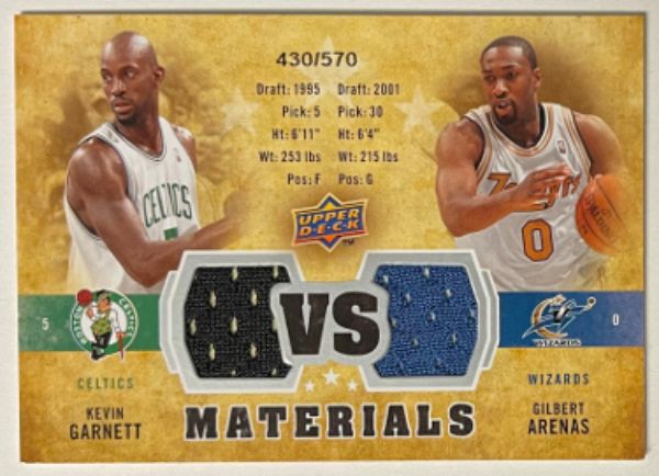 CTBL-033040 Kevin Garnett & Gilbert Arenas 2009-2010 Upper Deck VS Materials Game Used No. WC-OH- 430 & 570 Celtics & Wizards Basketball Card -  RDB Holdings & Consulting, CTBL_033040