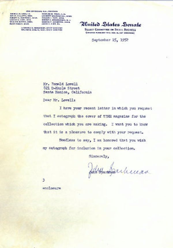 CTBL-033720 Senator John Sparkman Signed United States Senate Typed COA September 15, 1952, Democratic & Alabama Letter