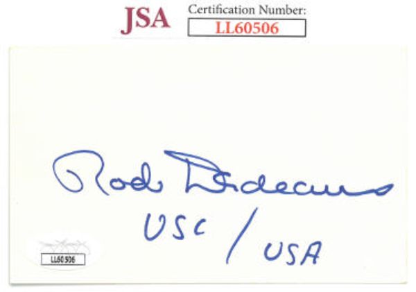 CTBL-033776 3 x 5 in. Rod Dedeaux Signed USC & USA JSA No. LL60506 USC Trojans & Coach of The Year Baseball Index Card