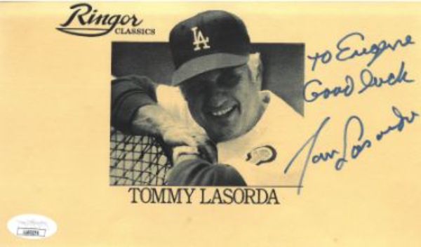 CTBL-031841 8.5 x 5 in. Tom & Tommy Lasorda Signed Ringor Classics To Eugene Good Luck- JSA No. LL60274 Los Angeles Dodgers Baseball Card