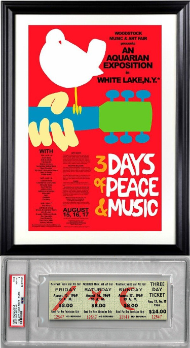 Picture of RDB Holdings & Consulting CTBL-F33740 11 x 17 in. 1969 Woodstock Music & Art- PSA Mint 8&#44; 3 Day Dollar 24 Full Concert Ticket & Framing Poster - 15 x 21 in. Overall Size