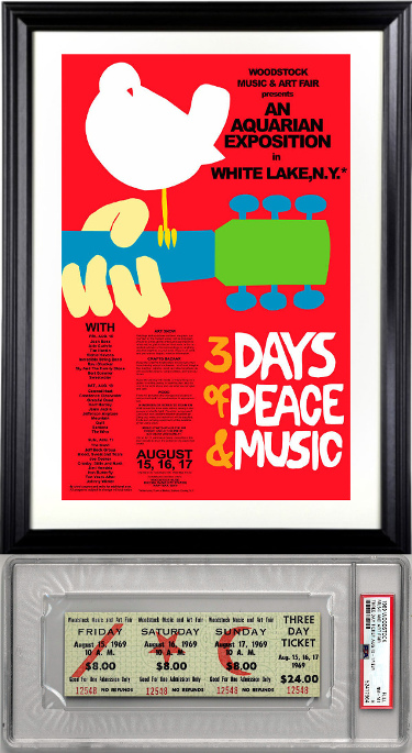 Picture of RDB Holdings & Consulting CTBL-F33741 11 x 17 in. 1969 Woodstock Music & Art- PSA Mint 8&#44; 3 Day Dollar 24 Full Concert Ticket & Framing Poster - 15 x 21 in. Overall Size