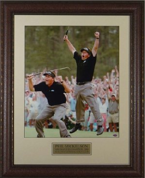 CTBL-009084 Phil Mickelson Unsigned 2004 Masters Jump 2 Pose Leather Framed - 11 x 14