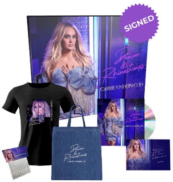 CTBL-034880 Carrie Underwood Signed 2022 Denim & Rhinestones Photo Card with Boxed Set-CD-Tote Bag-Stickers-Medium T-Shirt