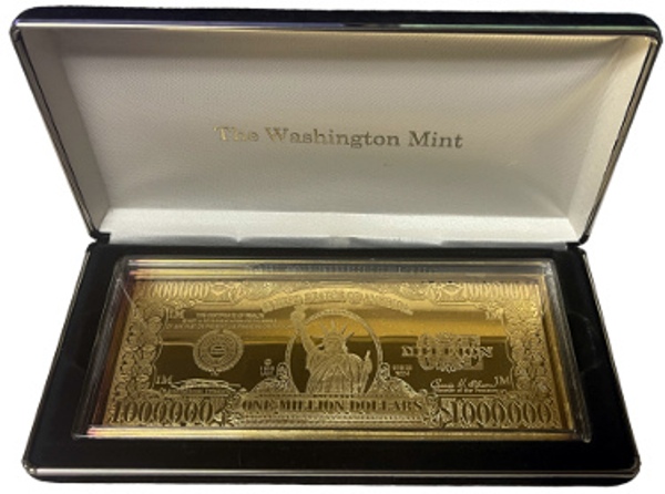 Picture of RDB Holdings & Consulting CTBL-035080 2004 Washington Mint Million Dollar Golden Proof Silver Treasury Note & Bill Art Bar - 4 oz Troy .999 Pure Silver