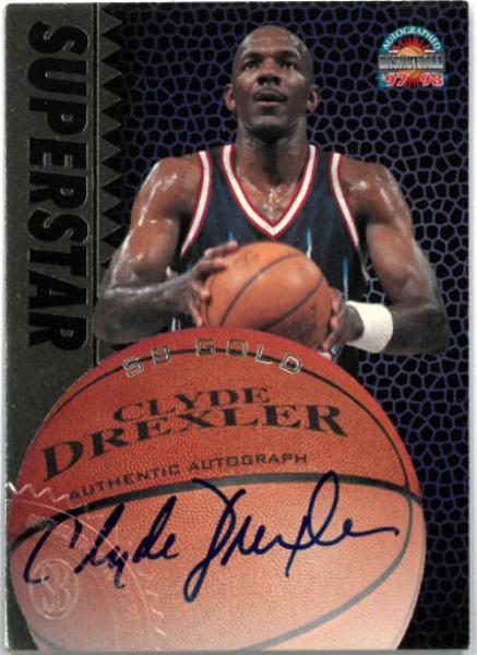CTBL-035346 Clyde Drexler Signed 1997-98 Score Board Gold Superstar Auto Card - Trail Blazers & Rockets