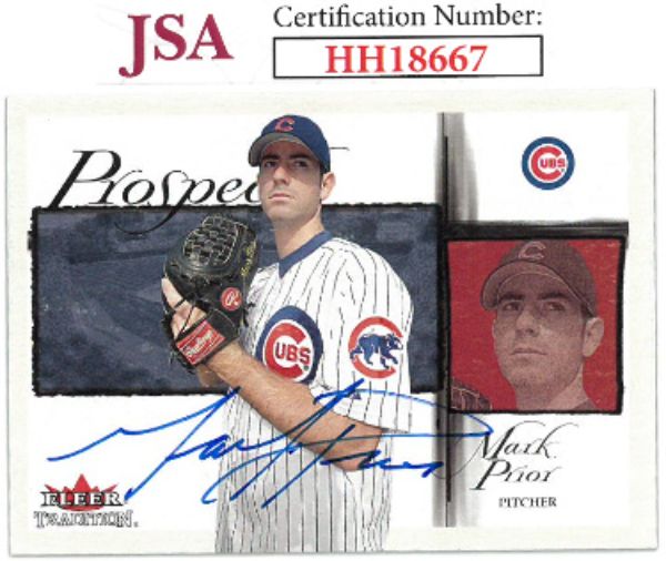 CTBL-036090 Mark Prior Signed 2002 Fleer Traditon Baseball Rookie on Card with Auto RC No.458-JSA No.HH18667 Chicago Cubs