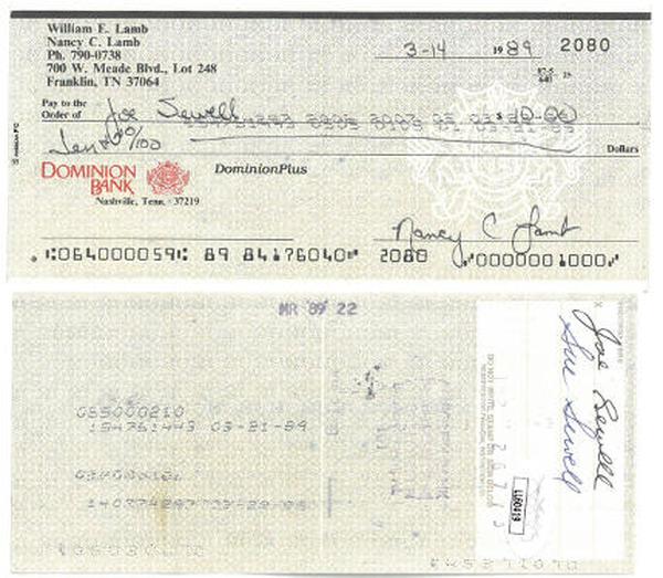 CTBL-036157 Joe Sewell Signed Endorsed Personal Check - JSA No.LL60419 - Yankees-Indians-HOF