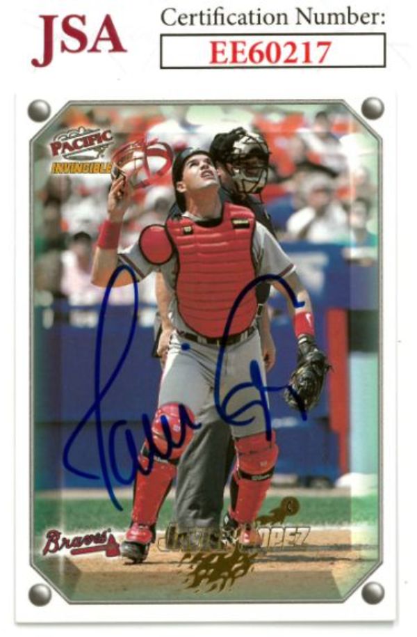CTBL-036064 Javy Lopez Signed 1998 Pacific Invincible Baseball on Card with Auto No.121-JSA No.EE60217 Atlanta Braves
