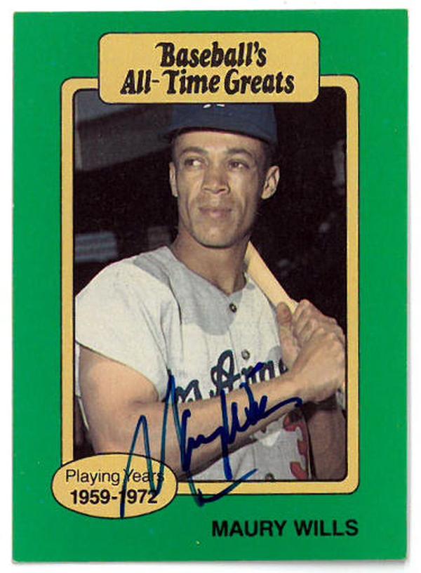 CTBL-036201 Maury Wills Signed 1987 Hygrade Baseballs Los Angeles Dodgers All-Time Greats On Card Auto - COA