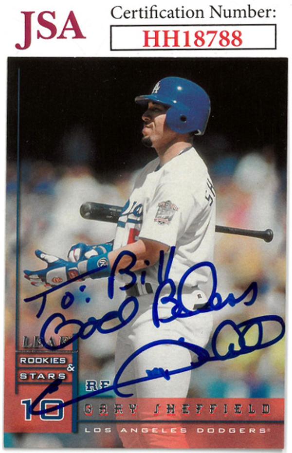 CTBL-036564 Gary Sheffield Signed Los Angeles Dodgers 1998 Leaf Rookies & Stars Baseball On Card Auto To Bill No.9 - JSA No.HH18788