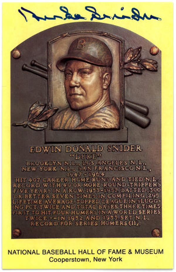 CTBL-031733 3.5 x 5.5 in. Duke Snider Signed Brooklyn-LA Dodgers HOF Plaque Postcard - JSA No.RR76650