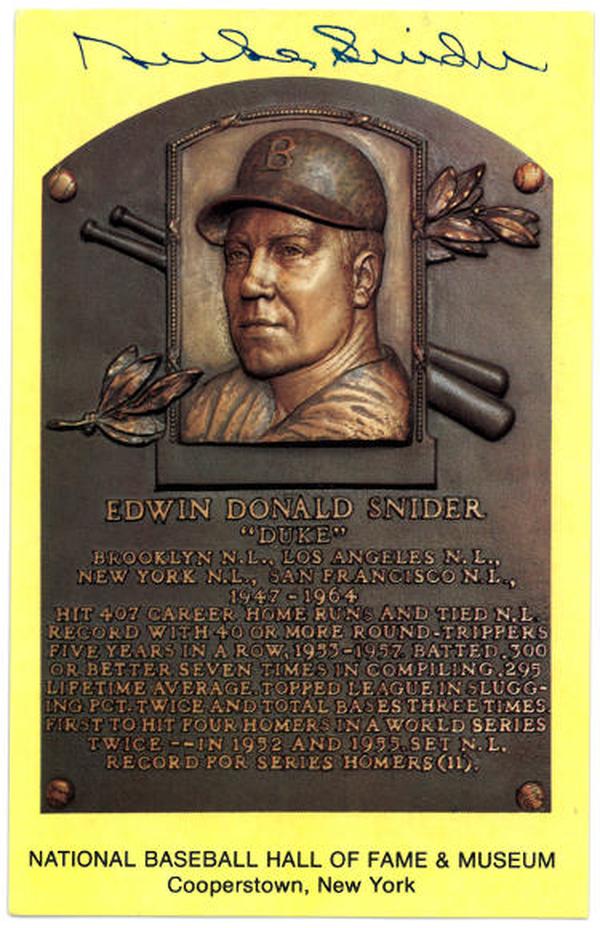 CTBL-031734 3.5 x 5.5 in. Duke Snider Signed Brooklyn-LA Dodgers HOF Plaque Postcard - JSA No.RR76651