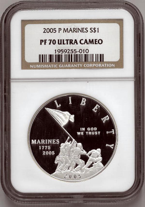 Picture of RDB Holdings & Consulting CTBL-036748 2005-P One Dollar Silver Marines Graded by NGC PF70 Commemorative Coin
