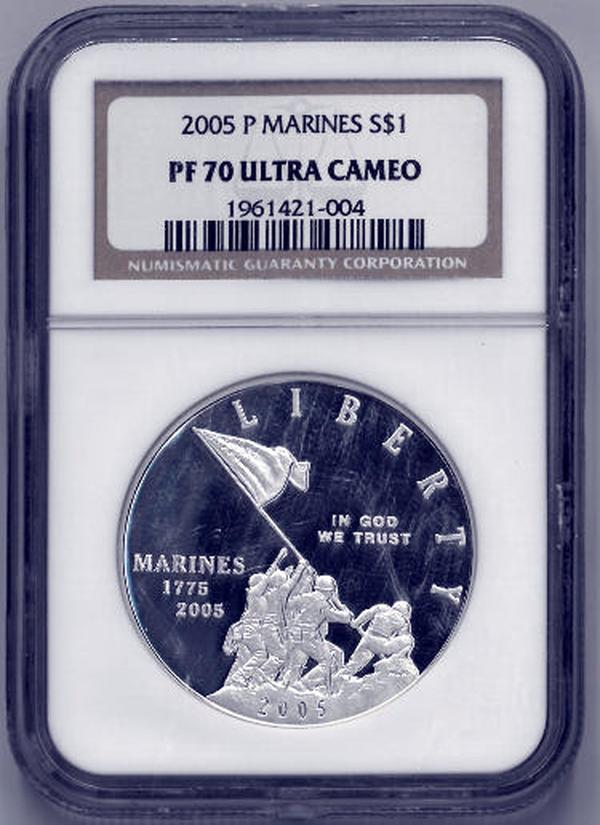 Picture of RDB Holdings & Consulting CTBL-036749 2005 P-One Dollar Silver Marines Graded by NGC PF70 Commemorative Coin