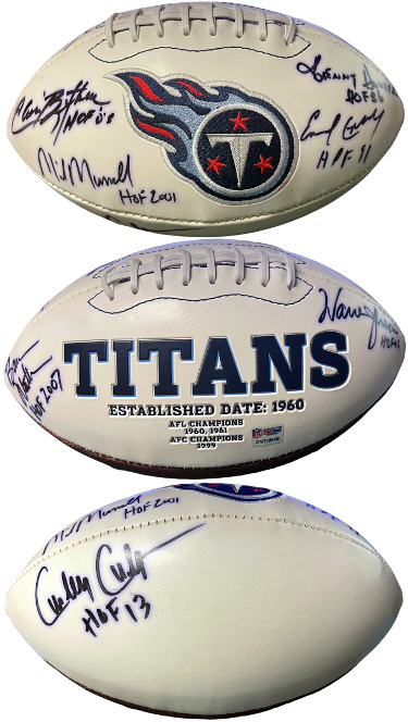 CTBL-A36761 Warren Moon-Bruce Matthews-Campbell-Bethea-Munchak Signed Tennessee Titans Logo Football PSA Oilers HOF-7 Signs