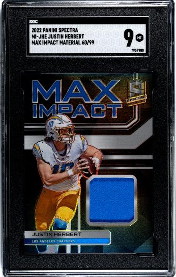 Picture of Athlon CTBL-037399 NFL Justin Herbert 2022 Panini Spectra Max Impact Material Card with No.MI-JHE-99-SGC Graded 9 Mint - Los Angeles Chargers
