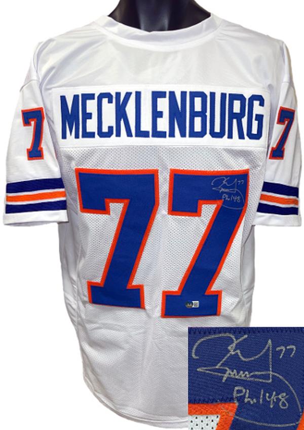 Picture of Athlon CTBL-037476 No.77 NFL Phil 4-8 Inscriptions Karl Mecklenberg Signed Denver White TB Custom Stitched Pro Style Football Jersey - No.WM49834 Beckett Witnessed - Extra Large
