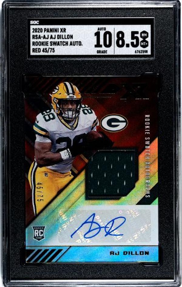Picture of Athlon CTBL-037259 NFL AJ Dillon Signed 2020 Panini XR Rookie Swatch Red RPA Auto Card with No.RSA-AJ-75-SGC Graded 8.5 NM-MT Plus 10 Auto Grade