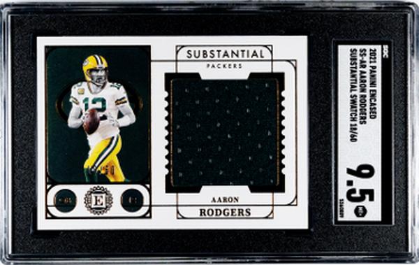 Picture of Athlon CTBL-037351 NFL Aaron Rodgers 2021 Panini Encased Substantial Jumbo Swatch Card with No.SS-AR-60-SGC Graded 9.5 Mint Plus Green Bay Packers