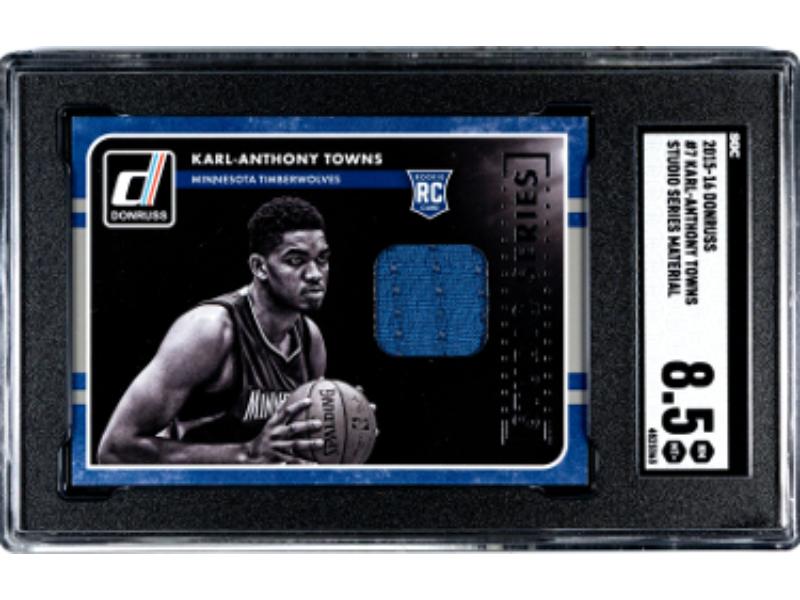 CTBL-037850 NBA Minnesota Timberwolves Karl-Anthony Towns 2015-16 Donruss Studio Series Material Rookie Card - No.7 - SGC Graded 8.5 NM-MT Plus
