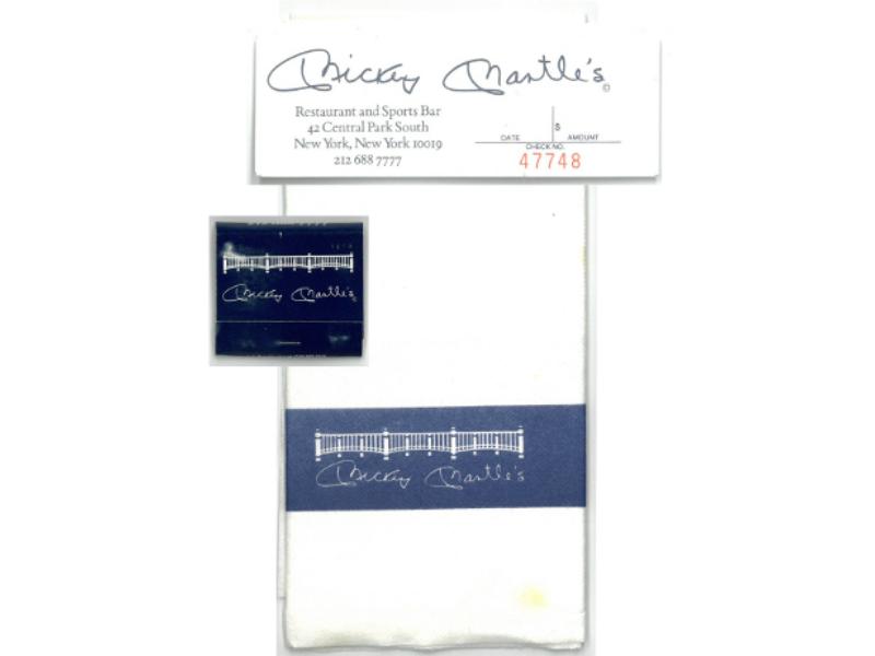 CTBL-037859 Major League Baseball   York Yankees Mickey Mantles Restaurant, Sports Bar Matchbook, Dinner Napkin & Guest Receipt Stub