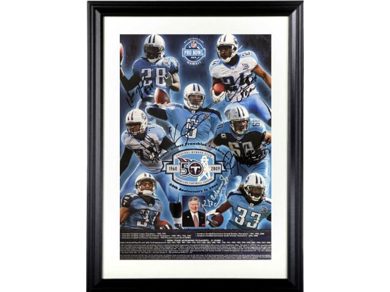 CTBL-038231 1960-2009 Tennessee Titans & Houston Oilers Signed Custom Framing Poster - 7 Sigs KS Bud Adams Jr, Mawae, Collins & C. Johnson
