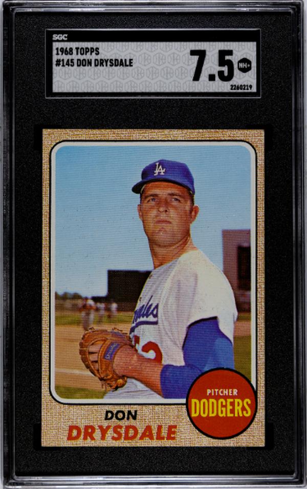 CTBL-038252 Don Drysdale 1968 Topps Baseball Card - No.145 SGC Graded 7.5 NM Plus - Los Angeles Dodgers & HOF