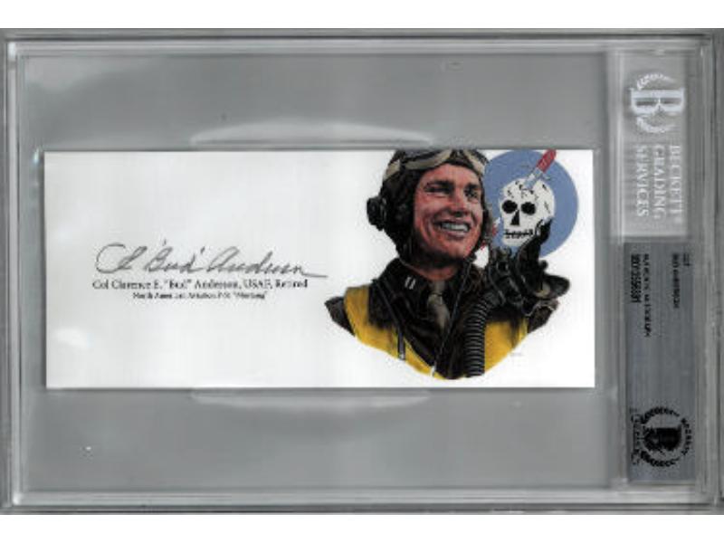 CTBL-038946 3 x 6.5 in. Col CE Bud Anderson Signed Cut Signature with Image - BAS & Beckett Encapsulated - WWII USAF Triple Ace Pilot P-51 Mustang