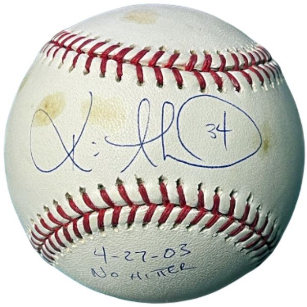 CTBL-039070 Kevin Millwood Signed Official Rawlings Major League Baseball 4-27-03 No Hitter-Tone Spots - COA - Braves & Phillies