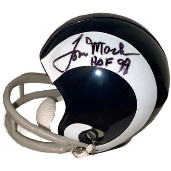 CTBL-039421 Tom Mack Signed Los Angeles Rams Riddell Turn Back 2-Bar Mini Helmet - HOF 99 Imperfect - COA