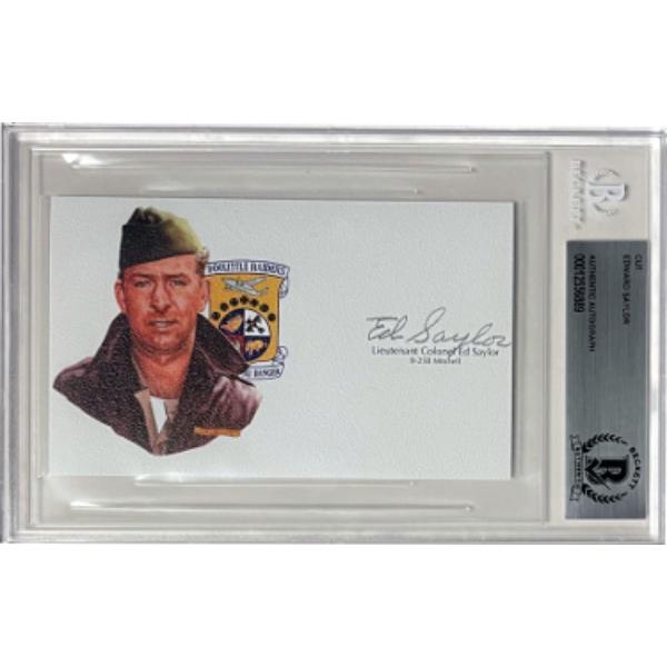 CTBL-040448 Lieutenant Colonel Edward J Saylor. Signed 3 x 5 in. Cut Signature with Image BAS-Beckett Encapsulated