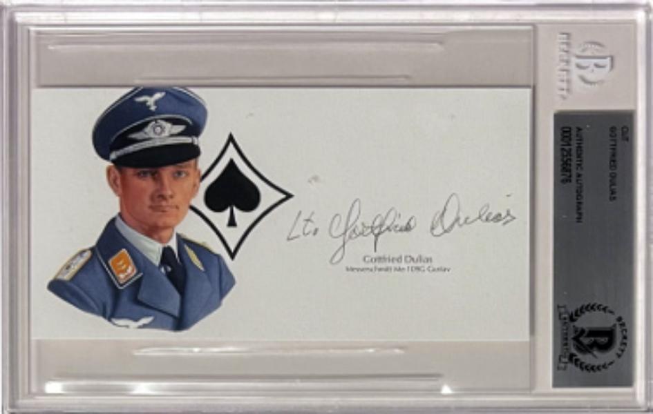 CTBL-040432 5.5 x 3 in. Gottfried Dulias Signed Cut Signature with Image BAS - Beckett Encapsulated WWII German ME-109G Gustav Pilot