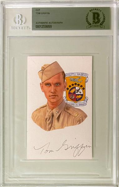 CTBL-040431 2.5 x 3.75 in. Tom Griffin Signed Cut Signature with Image BAS-Beckett Encapsulated WWII Doolittle Raiders & B-25B Mitchell
