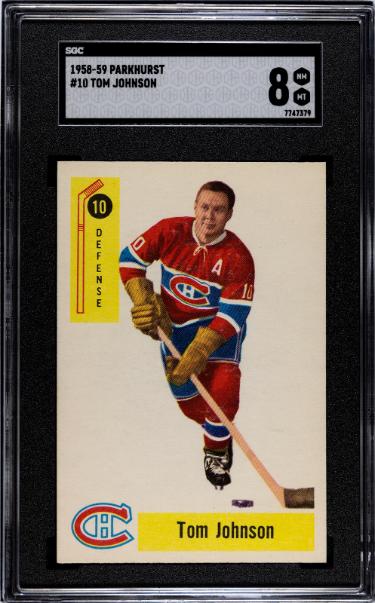 CTBL-041652 Tom Johnson 1958-59 Parkhurst NHL Card - No.10- SGC Graded 8 NM-MT - Montreal Canadiens