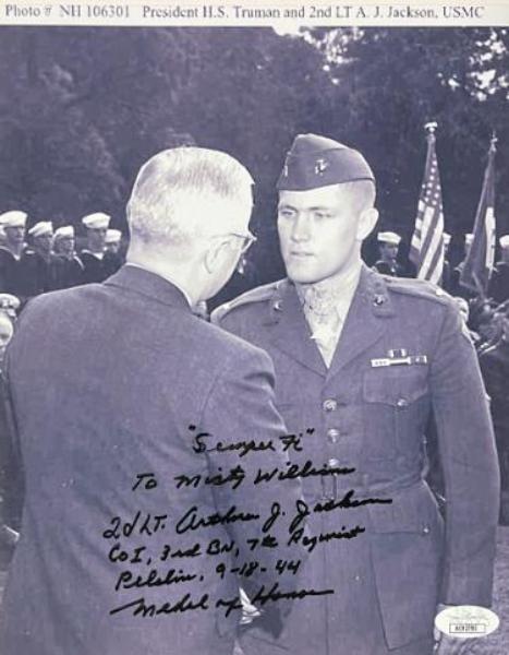 CTBL-034133 Arthur J. Jackson Signed Vintage WWII Black & White JSA No.AC92793 Misty Williams & Semper Fi & Peleliu & Medal of Honor 8 x 10 in. Photo