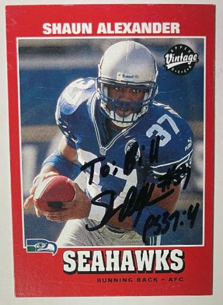 CTBL-042005 Shaun Alexander Signed 2001 Upper Deck Vintage On Auto No.157 To Bill & PS 37-4 Card - COA - Seattle Seahawks