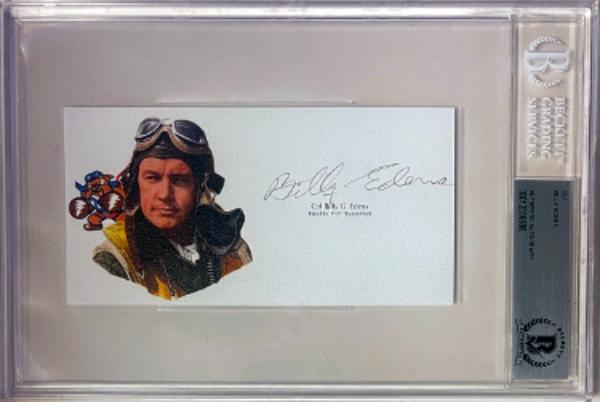 CTBL-042074 Col Billy Edens Signed 5.75 x 3 in. Cut Signature with Image BAS & Beckett Encapsulated - WWII & Republic P-47 Thunderbolt