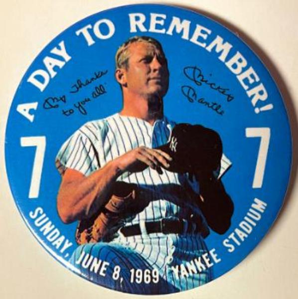 CTBL-042485 Mickey Mantle 4 in. Souvenir Pin Button A Day To Remember 6-8-1969 & Yankee Stadium