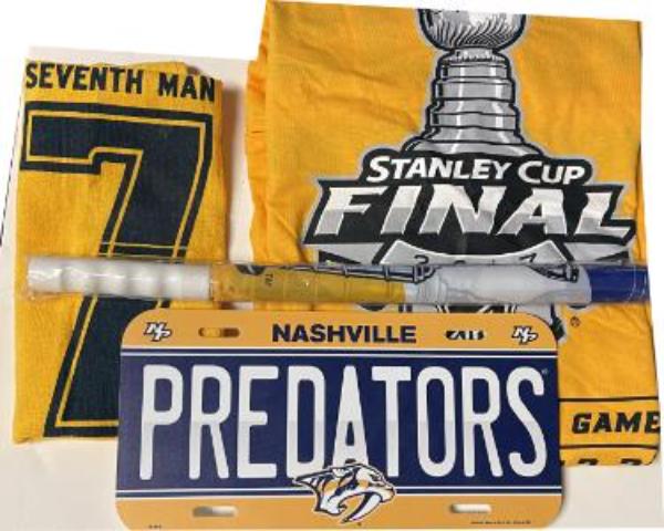 CTBL-042345 Nashville Predators Arena Giveaway Lot- 2017 Stanley Cup Final Game 3 T-Shirt & Seventh Man Towel & 2006 Playoffs Flag & License Plate