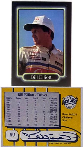 CTBL-042447 Bill Elliott Signed 1990 Maxx NASCAR On Auto No.9 Card - COA - Signed on Back